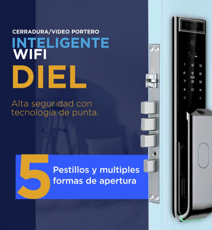 Una gama de cerraduras electrónicas de 5 pestillos y reconocimiento facial, con diferentes modelos y colores.