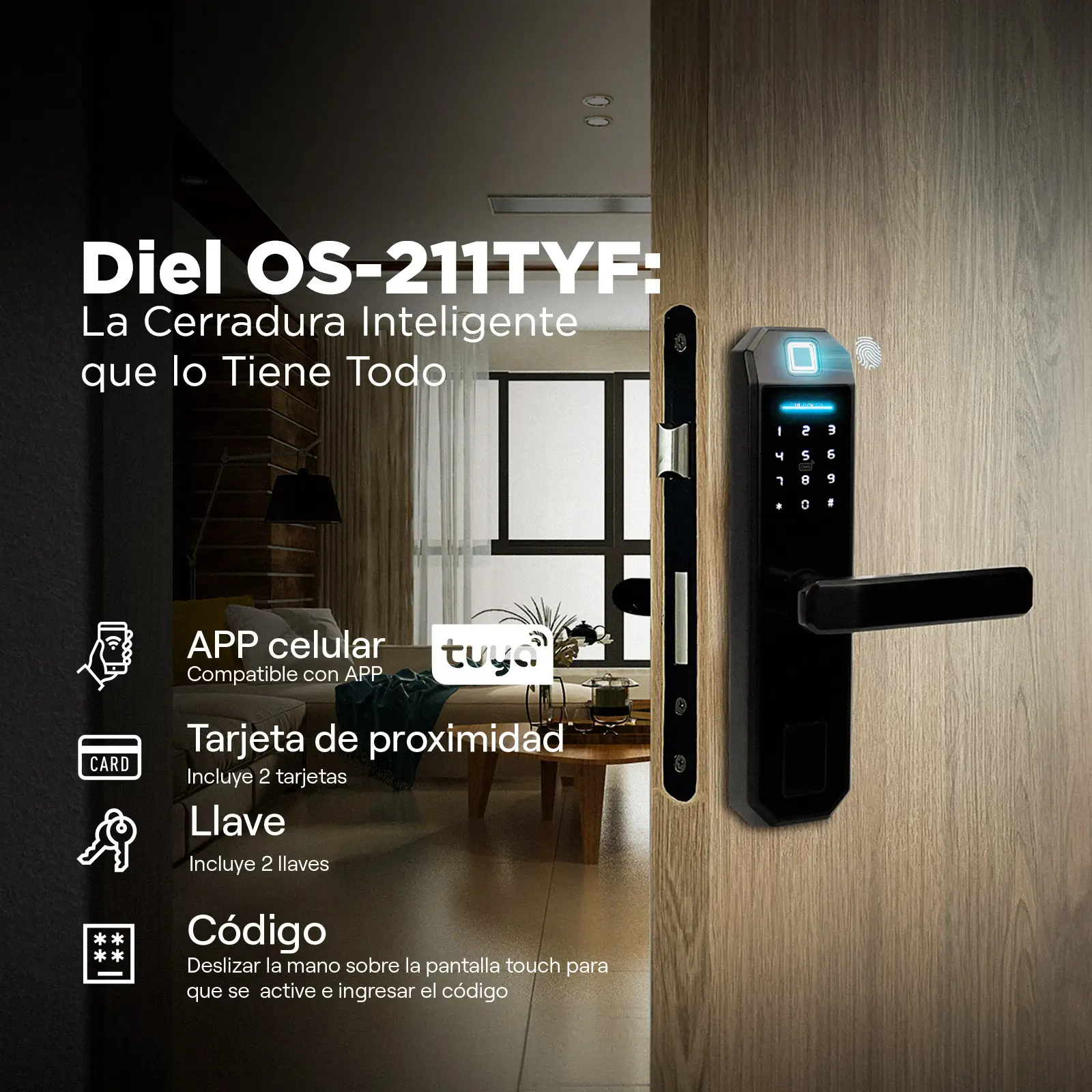 En una casa inteligente hay una cerradura inteligente Diel OS-211TYF instalada en una puerta, con opciones de acceso a través de aplicación móvil, tarjeta de proximidad, llave física o código