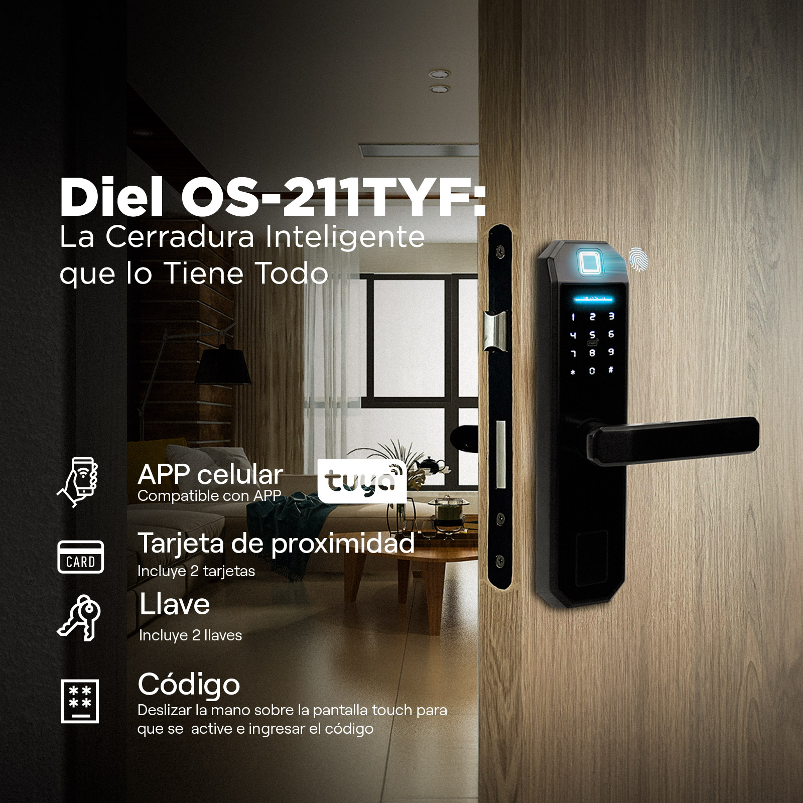 Cerraduras electrónicas Diel OS-211TYF instalada en una puerta, con opciones de acceso mediante app móvil, tarjeta de proximidad, llave y código.