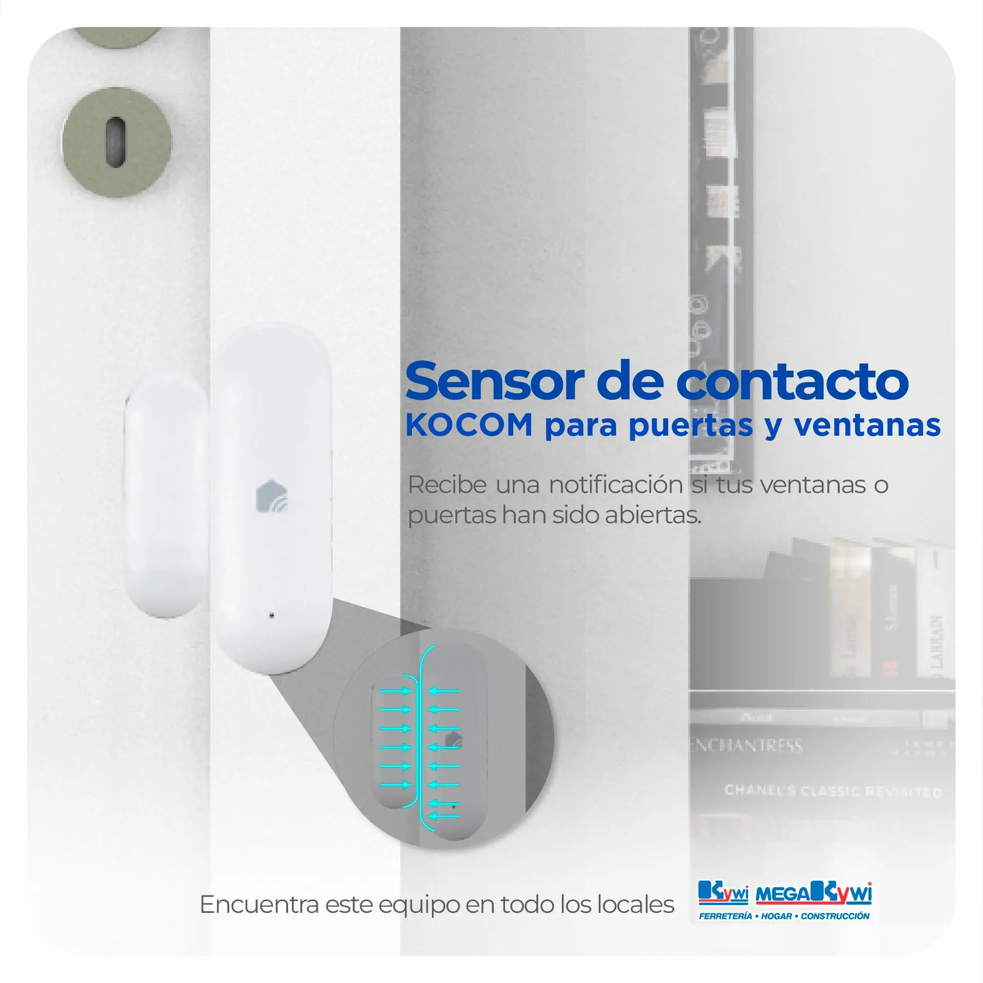 Un sensor de contacto Kocom para puertas y ventanas, que envía notificaciones al móvil cuando se abren.