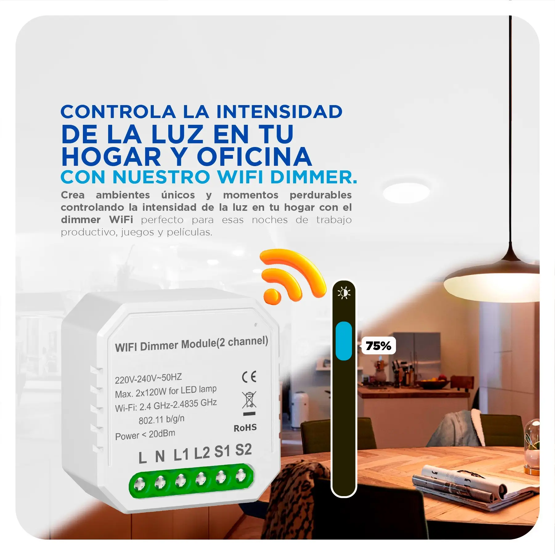 Un módulo WiFi dimmer en una casa inteligente que controla la intensidad de la luz, mostrado junto a un control de intensidad en una aplicación móvil