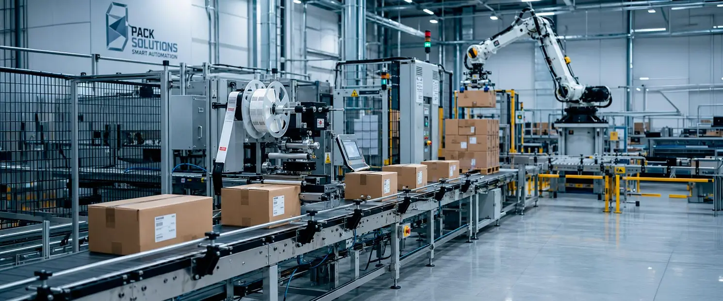 Brazo robótico industrial realizando paletizado automático en una planta de empaque de fin de línea optimizada.