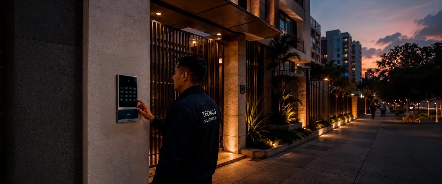 Técnico instalando un frente de calle de intercomunicador IP moderno en la entrada de un edificio residencial en Ecuador.