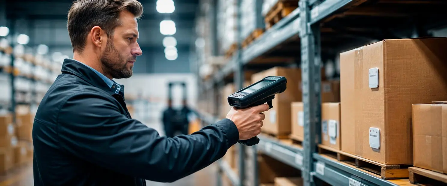 Operador logístico en almacén de retail utilizando un lector inalámbrico para el rfid control de inventarios