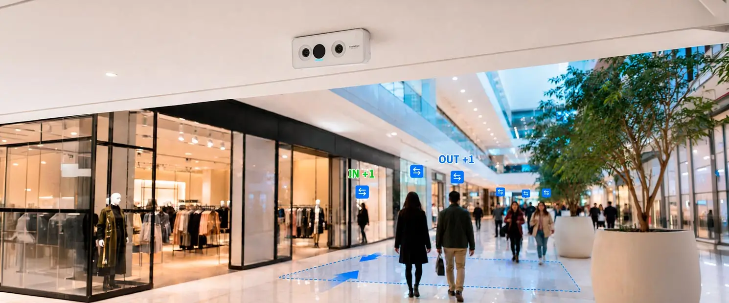 Sensor de conteo de personas instalado en el techo de un centro comercial moderno en Ecuador analizando el flujo peatonal.