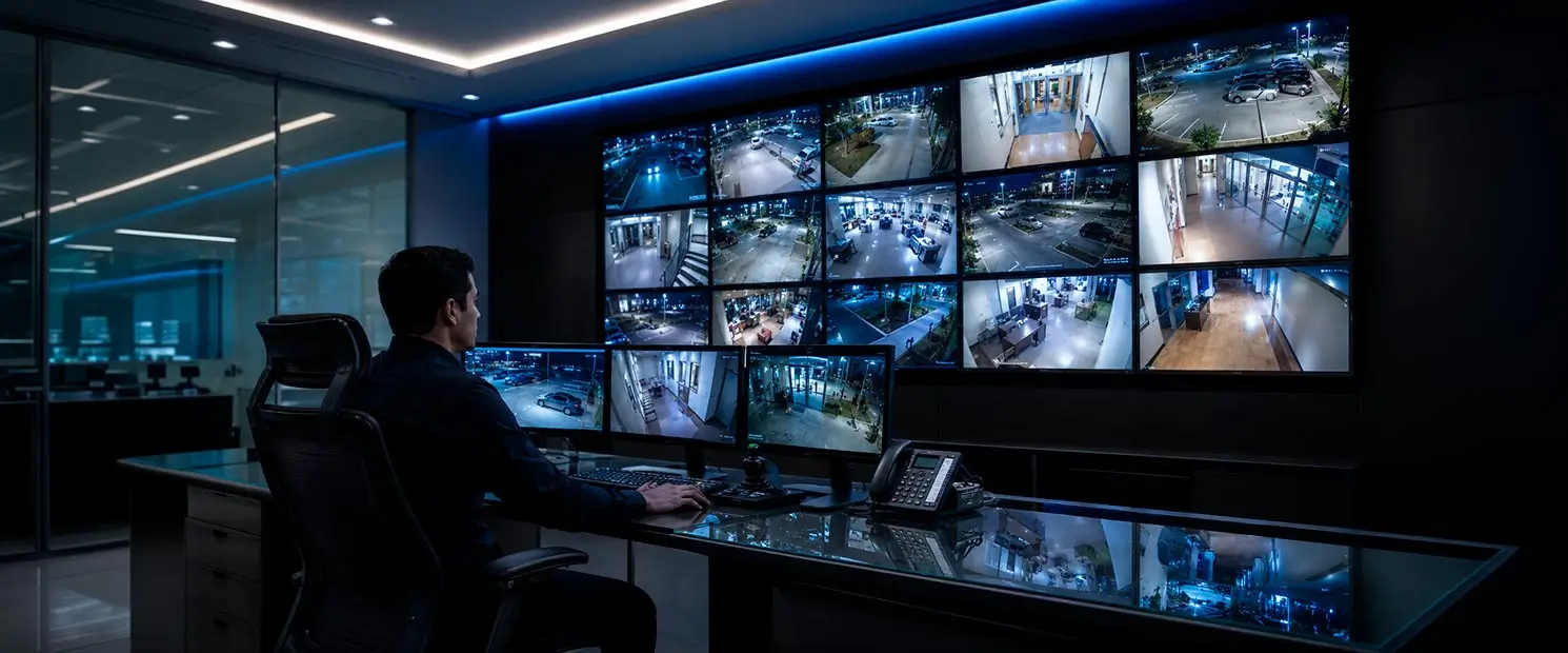 Centro de monitoreo con múltiples pantallas gestionando videovigilancia centralizada para empresas.