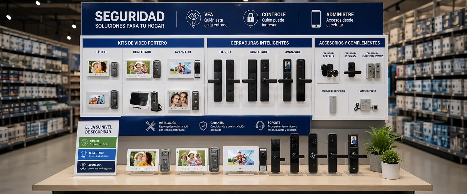 Exhibición de videoporteros, cerraduras inteligentes y accesorios de seguridad organizada por niveles básico, conectado y avanzado en una ferretería.