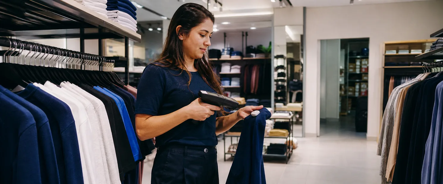 Operaria realizando un inventario RFID de prendas en una tienda de retail.
