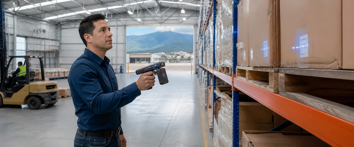 Operador utiliza un lector RFID UHF para inventario en un almacén.