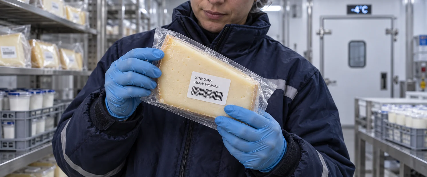 Inspección de la etiqueta de lote y fecha de un queso envasado en un área refrigerada.