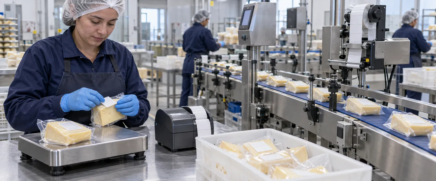 Operaria etiquetando un queso en un puesto manual junto a una línea de pesaje y etiquetado.