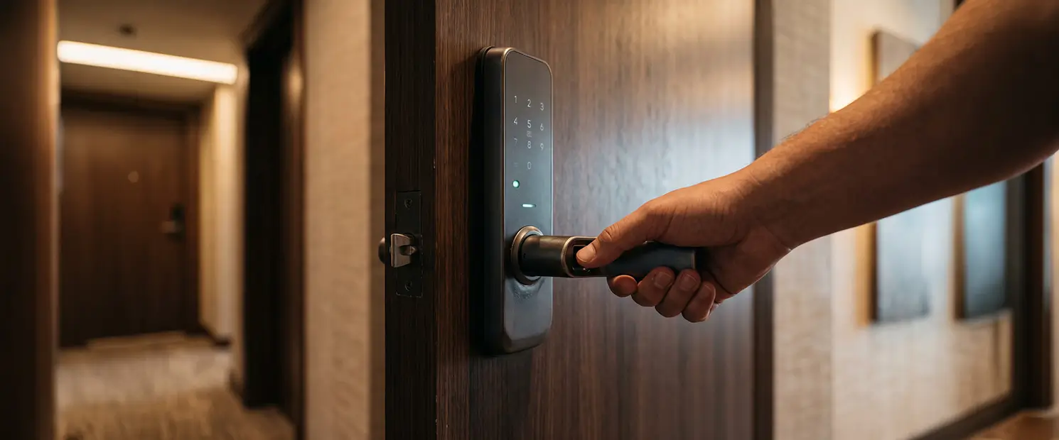 Cerradura inteligente para departamentos con lector de huella y teclado digital instalada en puerta de madera